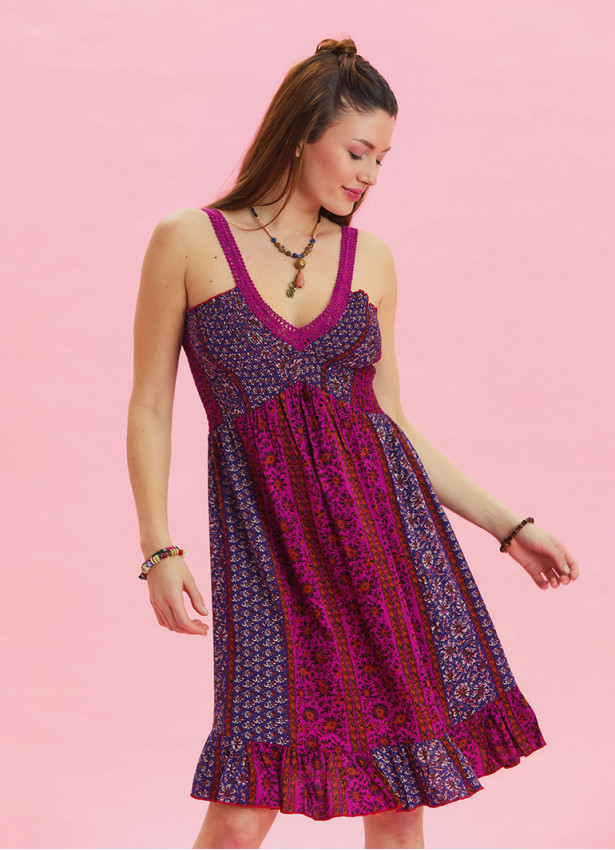 Strap Lace Collar Purple Ethnic Dress 4575